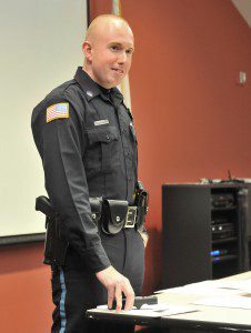 Southwick Police Officer Daniel Ryan, presents a Power Point presentation to students in the Southwick Citizen Police Academy Tuesday night at the Southwick Fire Department. Ryan announced he accepted the position as the new Southwick School Resource Officer. (Photo by Frederick Gore)