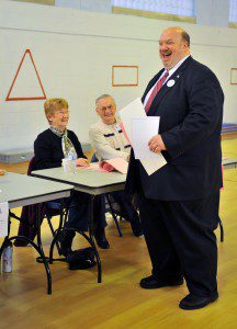 Candidate for 2nd Hampden & Hampshire District State Senate Donald Humason Jr., casts his vote at Juniper Park Elementary School this morning. Humason, a Republican State Representative, is facing off against Holyoke Democratic City Councilor David Bartley for the Senate seat. (Photo by Frederick Gore)