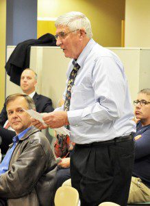 Bill Lawry, of Westfield, voices his concern relative to the determination of the percentages of the Westfield tax rate for businesses and homeowners during a public hearing last night of the Westfield City Council. (Photo by Frederick Gore)