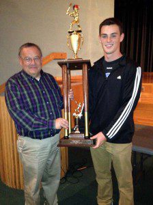 Westfield Babe Ruth League President Dan Welch presents the league's Most Valuable Player award to Chris Sullivan. (Submitted photo)