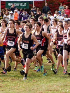 A group of Westfield runners leads the pack at the start of the PVIAC championship race Saturday at Stanley Park. (Photo by Chris Putz)