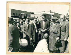 Then-Junior Senator John F. Kennedy (center) visited the H.B. Smith Company in Westfield for a Democratic campaign event on September 29, 1958 , flanked by then-Westfield Mayor Alice Burke on his left (Photo by Robert A. Watson, used with the permission of Carol  Saltus)