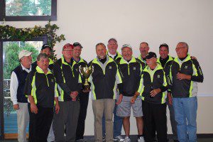The champs from Shaker Farms are as follows: (bottom row Jeff Gavioli, Les Krokov, Dan Kotowitz, Mike Barnes, Clyde St. Amand, Greg Strycharz; and, (top row) Bill Melo, Tim Jacques, Ron Humphrey, Dave Sheedy (captain,unable play because of injury), Mark Consolini, and Jim Merati. Chris Strycharz was missing from the photo. (Submitted photo)