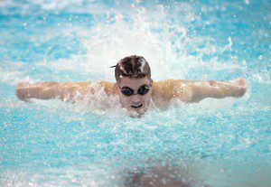 Westfield's Jimmy Stinehart competes in the boys' 200-yard Individual Medley against visiting Palmer Wednesday. (Photo by Frederick Gore)