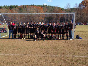 Members of Westfield include players, from left to right: (back row) Coach Rick Stanton, Jackson Diltz, Graham Diana, Luis Rogers, Nathan Boucher, Mitchell Longley, Kamron Wells, Max Maggipinto, Nick Garde, Lucas Stanton, and Steve McKenna; Sam Winiarski, Matt Hogan, Kevin Rockwal, Rory Tettemer, Eric Bone and Coach Dan Diana; (front row) Aidan Dunn, and Connor Cottengim.