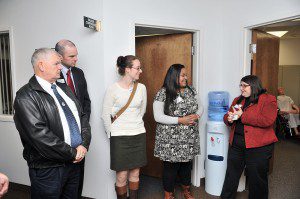 Tami Goodstein, a logistics specialist for preparedness health and safety service at the American Red Cross in Springfield, right, explains some of the programs available from the organization to, Charles Dunlap, left, Southwick Emergency Management director, P.J. Miller, a board of director for the Greater Westfield Chapter of the American Red Cross, Maura McCarthy, representing State Senator Donald Humason Jr., and Shayvonne Jackson, representative for Ben Swan, during a legislative breakfast this morning. (Photo by Frederick Gore) 