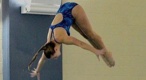 Katie Sterpka set conference records in the one and three meter diving events. (Photo by Mickey Curtis)