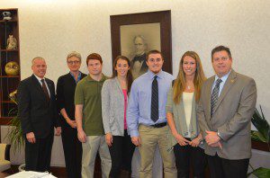 Westfield State student athletes were honored for their hardwork in the classroom last week at a meeting of the school's Board of Trustees (Left to Right) Board of Trustees Chairman John Flynn III, Westfield State University President Dr. Elizabeth Preston, Greg Sheridan, Julia Warner, Troy Cutter, Lindsey Rescott, and Westfield State Athletic Director Richard Lenfest (Photo by Mickey Curtis, Westfield State Athletics)
