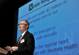 Ronald Bryant, president and chief executive officer at Noble Hospital, presented a PowerPoint presentation at the Transforming the Heathcare System in Western Massachusetts symposium at Westfield State University last night. The symposium was sponsored by Noble Hospital and the Greater Westfield Chamber of Commerce. (Photo by Frederick Gore)