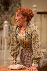 Didi Conn as an eavesdropping neighbor in Steve Martin’s “The Underpants” at Hartford Stage. (Photo by T. Charles Erickson.)