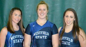 Westfield State University women's track and field team captains for the 2013-14 season are, left to right: Cassidy Noonan, Alex Livingston and Marie Gulino. (Photo by Mickey Curtis)
