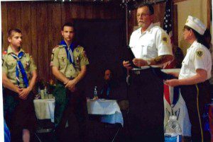 Mark Chapman and Michael Brut from Troop 338 in Southwick have earned the rank of Eagle Scout.  The scouts received their awards at a banquet in their honor at American Legion Post 338. Russ Pike, Troop 338’s Charter Organization Representative and Sally Nay, American Legion MA District 3 Commander present their awards to the Eagle Scouts. (Photo submitted)