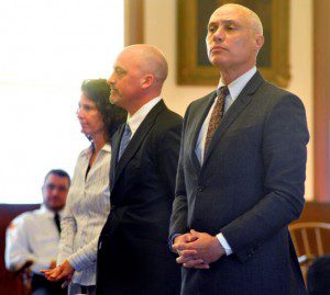 Defense attorney David Hoose, right, introduces himself, his law partner Luke Ryan, center, and their client, Cara Lee Rintala to potential jurors during the jury selection for her retrial on Tuesday in Hampshire Superior Court 1. (Photo by Kevin Gutting, Daily Hampshire Gazette)