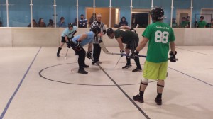 Action begins to heat up in the adult coed floor hockey league at the Southwick Recreational Center Friday night. (Submitted photo) 