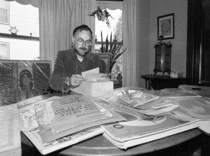 Bob Brown sorts some of the thousands of pieces of ephemera in his collection in this 1987 file photo. Brown recently donated his collection to the archives of the Westfield Athenaeum which  he serves as the president of the board of trustees. (Photo © 1987 Carl E. Hartdegen)