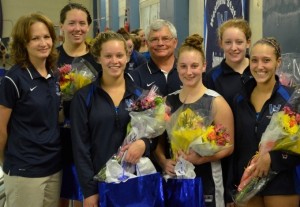 Westfield State University's five seniors were honored prior to their final home meet. Left to right are: Nancy Bals, Westfield State associate athletics director/senior women's administrator, Jackie DeFilippo, Kirsten LaMotte, head coach Dave Laing, Kaylee Hopkins, Katie LaHive, and Emily Fullerton.