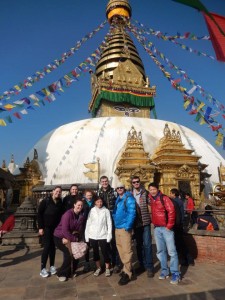 Westfield State group poses in front of Swayambhunath stupa. Back row from left to right: Micheala Quimby, Alexandra Henry, Adrianne Stelmack, Patrick Bartel, John Bartel, Kevin Tatsugawa. Front row from left to right: Chelsea Reynolds, Shannon Grossman, Nick Stone. (Photo submitted)