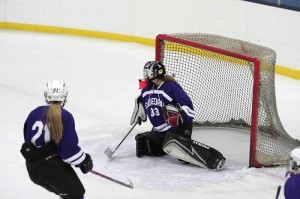 Cathedral's Lexi Levere, of Westfield make one of 31 saves against Shrewsbury High. (Submitted photo)