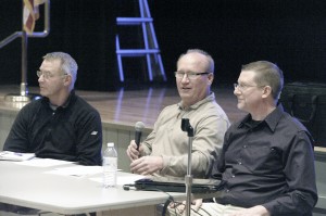 Southwick Motocross 338 promoters and management team, left-right, Gary Yelin, Mike Grondahl and Travis Loucks, answer questions from the audience during an informational meeting at the Southwick Town Hall. (Photo by Frederick Gore)