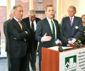 Holyoke Mayor Alex Morse speaks about the heroin issue in his city and the larger area while flanked by U. S. Rep. Richard Neal (D-Springfield) and U.S. Sen. Edward J. Markey (D-Massachusetts) during a news conference Friday to discuss proposed efforts to change the approach to dealing with the problem. (Photo by Carl E. Hartdegen)