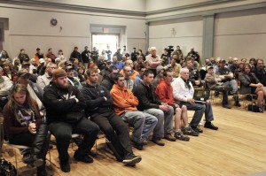 A standing room only crowd gathered in the Southwick Town Hall during an informational meeting on the reopening of the Southwick Motocross 338 racetrack. (Photo by Frederick Gore)