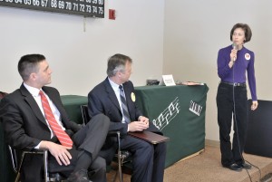 Westfield Council on Ageing Executive Director Tina Gorman, right, introduces candidates for state representative John Velis, left, and Dan Allie, center, during a Meet the Candidates hour at the Westfield Senior Center yesterday. (Photo by Frederick Gore)