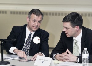 Candidates for State Rep. Republican Dan Allie, left, and Democrat John Velis, right  participated in a debate sponsored by The Westfield News and the Greater Westfield Chamber of Commerce at the Lang Auditorium where an estimated 70 residents gathered. (Photo by Frederick Gore)