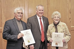 Westfield Mayor Daniel Knapik, center, presented Don Podolski, left, Jeanne Chistolini with a citation after they were honored as Volunteers of the Year during a ceremony at Westfield City Hall last night. Podolski was nominated by the Friends of the Columbia Greenway and Chistolini was nominated by the Carson Center. The event was sponsored by The Non-Profit Volunteer Network of the Greater Westfield. (Photo by Frederick Gore)