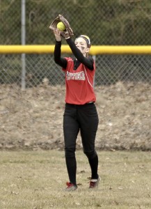 Westfield center fielder Lexi Minicucci makes an out during the first inning of Monday's game against visiting Amherst. (Photo by Frederick Gore)