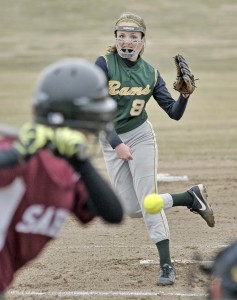 Southwick starting pitcher Emily Lachtara delivers to a Sabis batter during the first inning of Friday's game in Southwick. (Photo by Frederick Gore)
