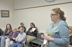 Joanne Horacek, right, of Country Club Drive in Southwick, was one of several residents whom attended the Southwick Selectmen's meeting Monday night to express concerns of a house located at 13 Point Grove Road. Residents said unregistered vehicles, a large fence, chickens, at least one goat, and a garage containing hay, has them concerned. (Photo by Frederick Gore)  