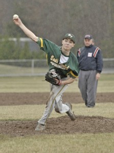 Southwick starting pitcher Nick Massarelli delivers to a Greenfield batter during the second inning of yesterday's rain-soaked game in Southwick. (Photo by Frederick Gore)