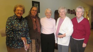 Left to r ight: Sr. Elizabeth Oleksak, Elizabeth Walz, Sr. Mary Horgan,  Sr. Ruth McGoldrick,  Sr. Ann Horgan - Celebrating and remembering years of memories, laughter and joy at Sr. Mary Horgan’s retirement lunch at Genesis Spiritual Life and Conference Center in Westfield on March 27. 