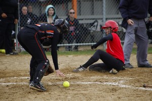 Westfield's Victoria Camp slides safely into home plate against South Hadley Tuesday. The Bombers won 5-0 to stay unbeaten (11-0). (Submitted photo)