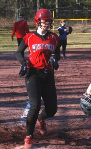 Westfield's Rachel Swords crosses home plate late in Wednesday's game against visiting West Springfield. (Photo by Chris Putz)