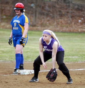 Tigers' third baseman Amber Lindsay gets into position to field the ball with Pathfinder Jenna Maska standing on third base Friday. (Photo by Chris Putz)