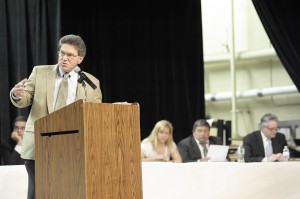 James Putnam III, left, was the moderator of last night's Southwick Special Town Meeting and the Annual Town Meeting staged at the Southwick-Tolland-Granville Regional High School. (Photo by Frederick Gore)