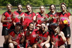 Westfield's 10 seniors - (front row) Annalise Eak, Sarah McNerney, Jules Sharon, Jessie Pratt; and (back row) Maddy Atkocaitis, Chiara Manfredi, Kaitlyn Puza, Taylor St. Jacques, Victoria Camp, and Lexi Minicucci - share a special moment on senior day. (Photo courtesy of Mike Minicucci)