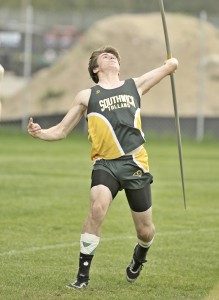 Southwick's Jonathan Collins competes in the javelin event during yesterday's match against Palmer.  (Photo by Frederick Gore/www.thewestfieldnews.smugmug.com)