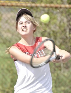 Westfield No. 3 single Olga Korobakov competes during Monday's match against Amherst. (Photo by Frederick Gore/www.thewestfieldnews.smugmug.com)