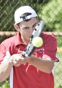 Westfield No. 1 singles Chris Unger eyes the ball during Saturday's match against Northampton's Dan March. (Photo by Frederick Gore)