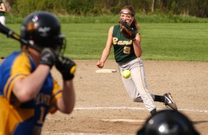 Southwick-Tolland Regional freshman pitcher Emily Lachtara fires a pitch to Pathfinder. (Photo by Chris Putz)