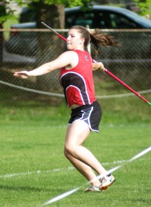 Westfield's Keri Paton tosses the javelin Friday at the PVIAC championships in Holyoke. (Photo by Chris Putz)
