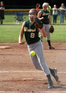 Rams' freshman ace Emily Lachtara fires in a pitch Thursday. (Photo by Chris Putz)