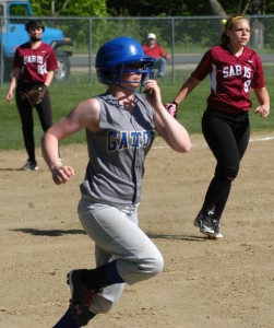 Gateway Regional High School's Sammy Dame attempts to beat out a well-hit ball against Sabis Tuesday in Huntington. (Photo by Chris Putz)