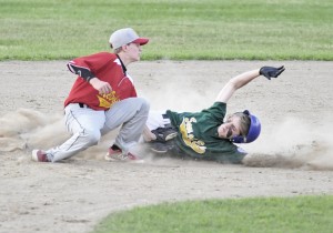 Westfield Sons of Erin baserunner Shaun Gezotis, right, attempts to beat the tag of McDonalds Ryan Porter during Tuesday night's Babe Ruth game at Bullens Field. (Photo by Frederick Gore/www.thewestfieldnews.smugmug.com)