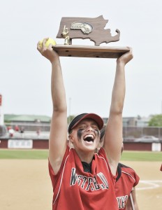 Westfield's Madison Atkocaitis screams while holding the Western Mass Division 1 trophy after Westfield defeated Longmeadow 1-0 at the UMass Softball Complex, Sunday. (Photo by Frederick Gore/www.thewestfieldnews.smugmug.com)