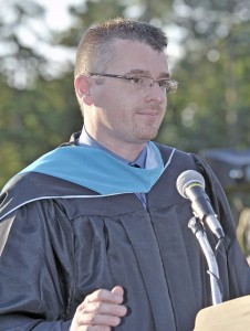 Westfield Vocational-Technical High School Principal Stefan Czaporowski addresses the 114 seniors during a graduation ceremony at Billy Bullens Field, June 5. (Photo by Frederick Gore/www.thewestfieldnews.smugmug.com)