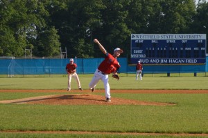 Matt Irzyk went the distance for Westfield Post 124, allowing just three hits while striking out seven Northampton Post 28 batters Monday night at Westfield State University. (Photo by Robby Veronesi)
