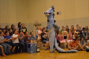The blue dragon, mascot of the Granville Village School, made an appearance at the awards ceremony for the school's reading challenge.  (Photo by Robby Veronesi)